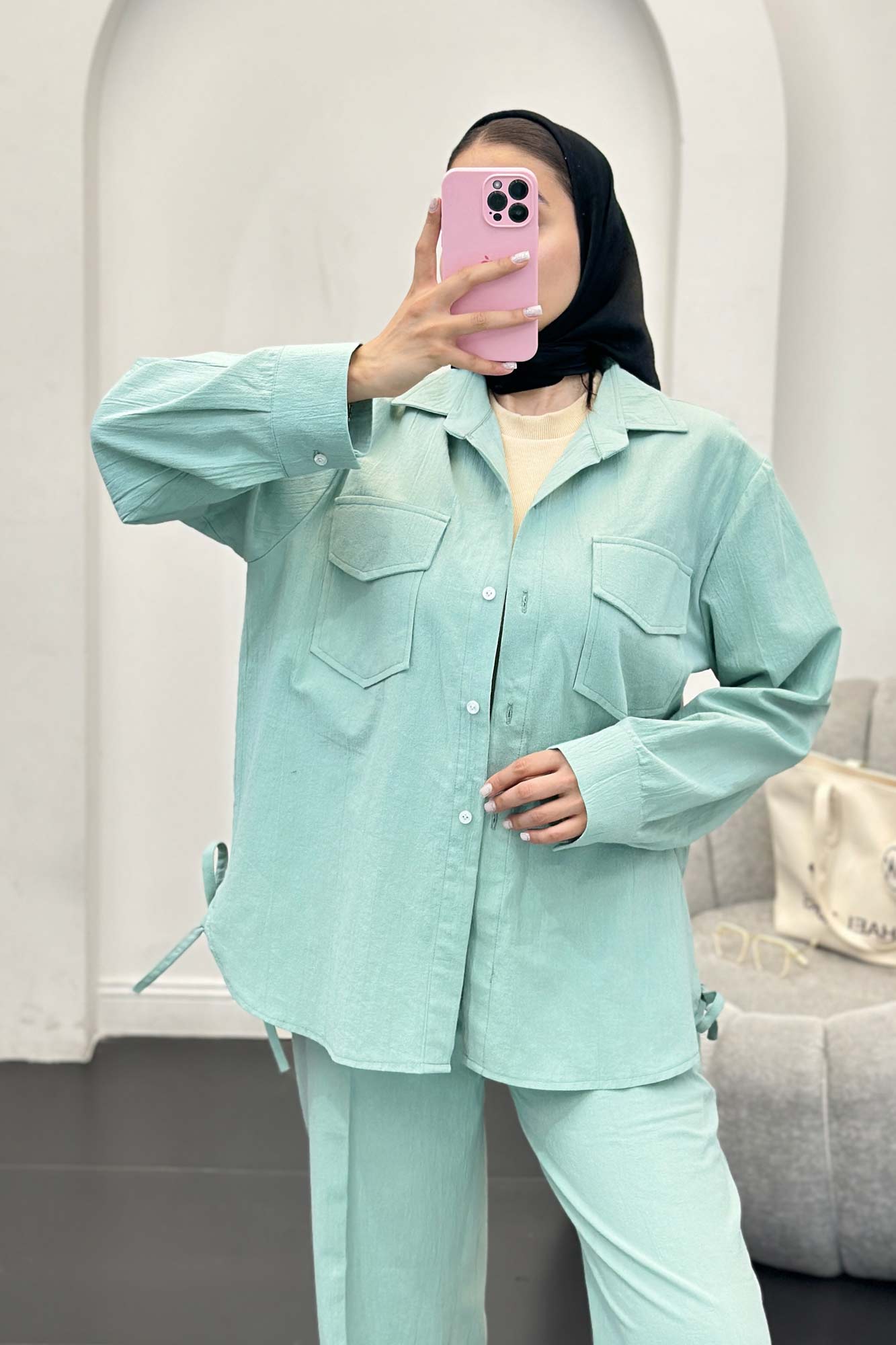 ست شومیز و شلوار لینن دو جیب پاکتی بغل بنددار