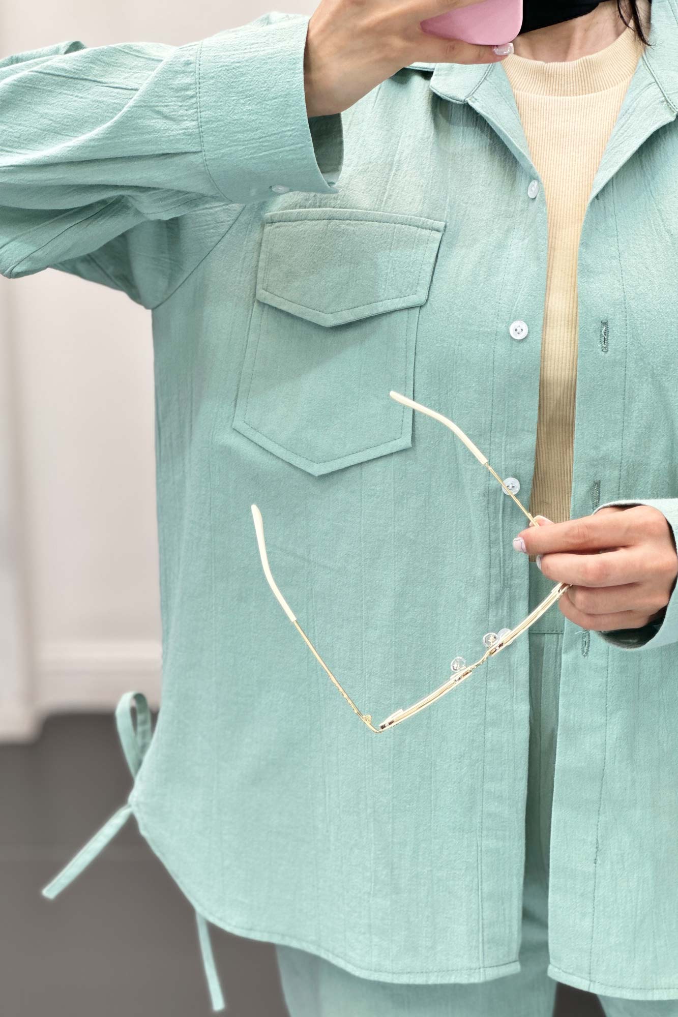 ست شومیز و شلوار لینن دو جیب پاکتی بغل بنددار