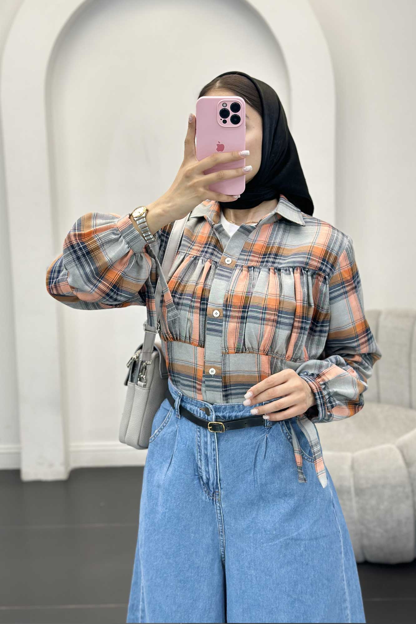 شومیز چهارخانه سینه چین