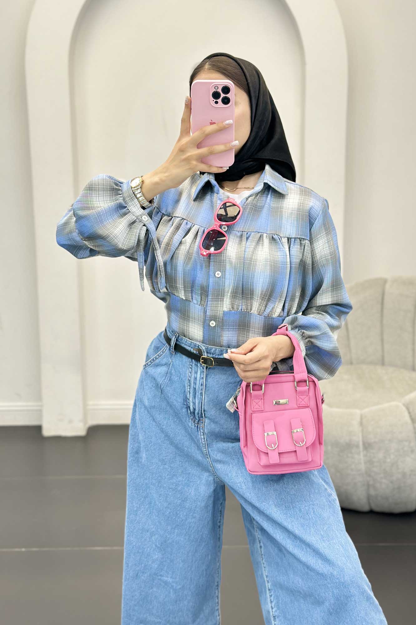 شومیز چهارخانه سینه چین