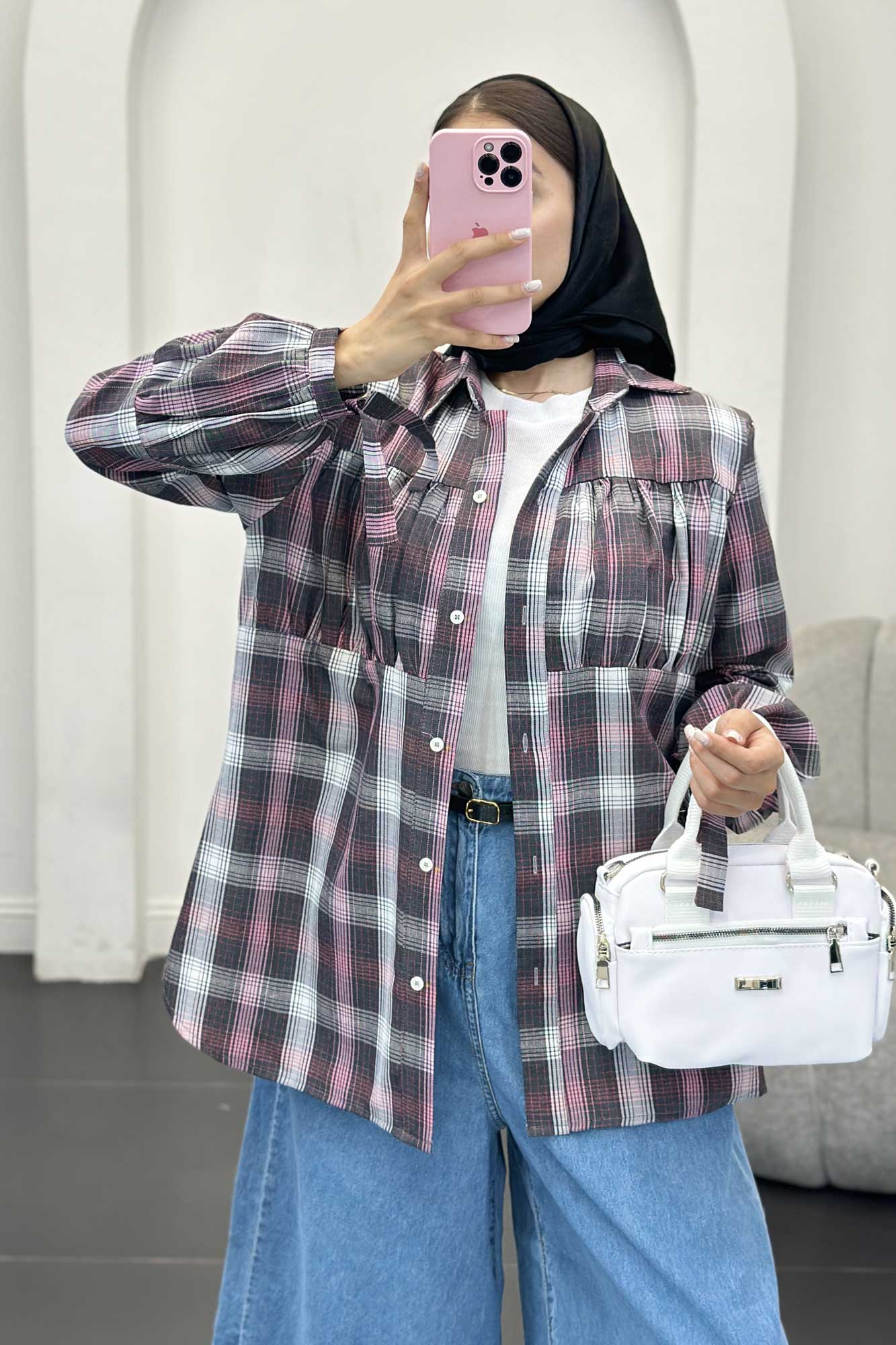 شومیز چهارخانه سینه چین