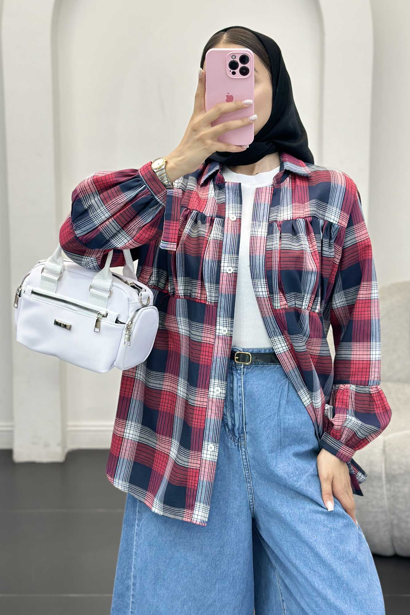 شومیز چهارخانه سینه چین