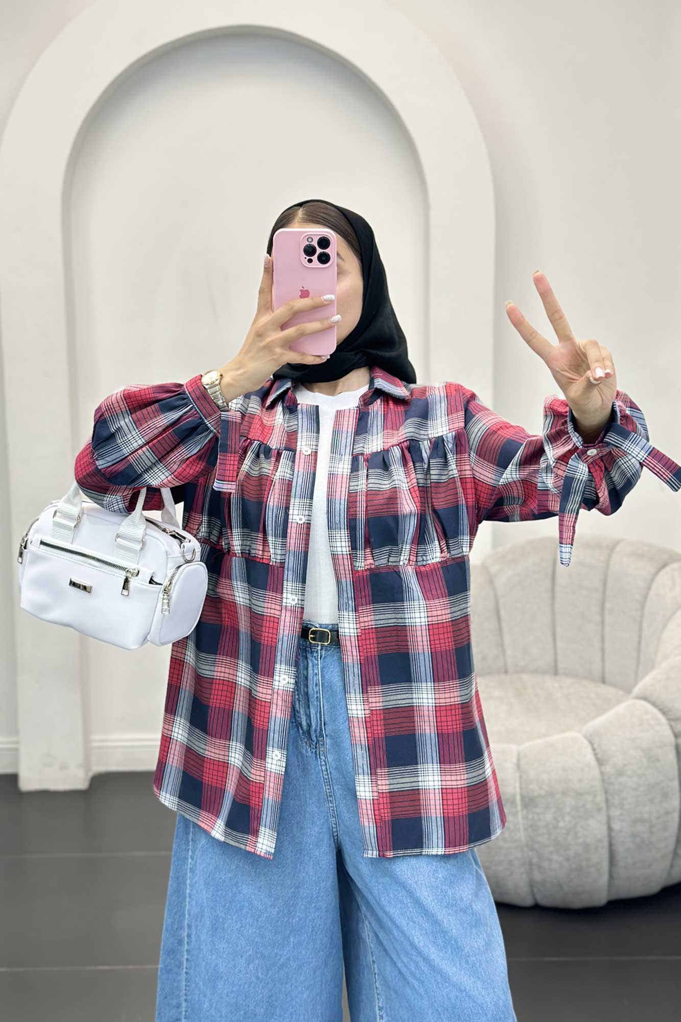 شومیز چهارخانه سینه چین