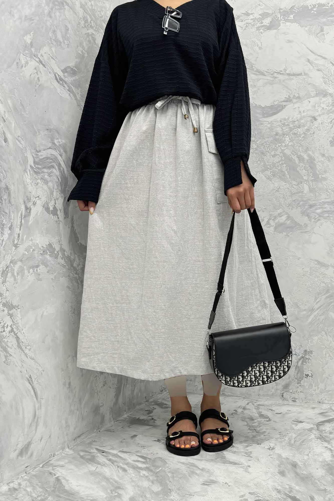 دامن لینن بلند جیب پاکتی