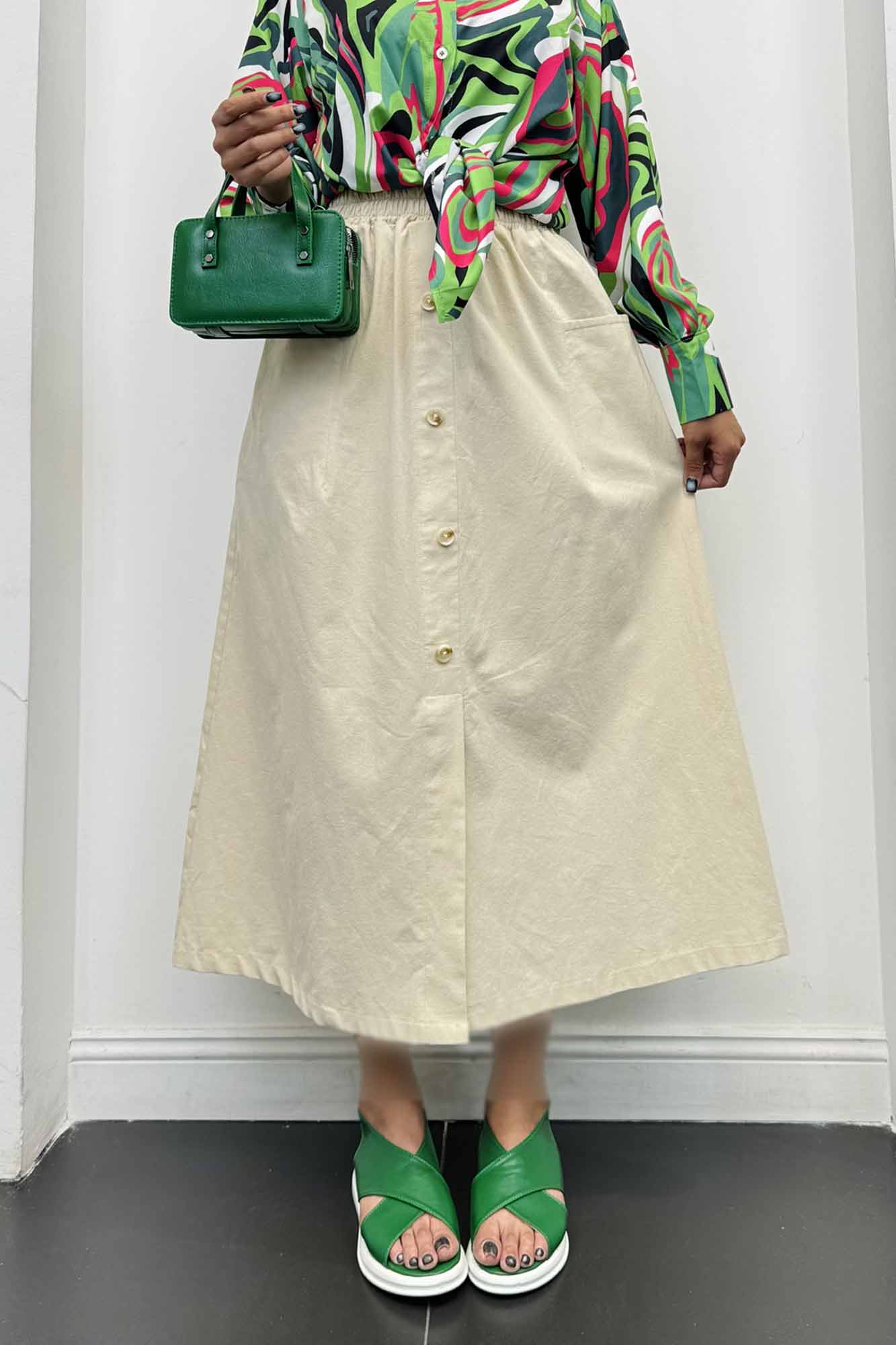 دامن لینن بلند جلو چاکدار دورکش