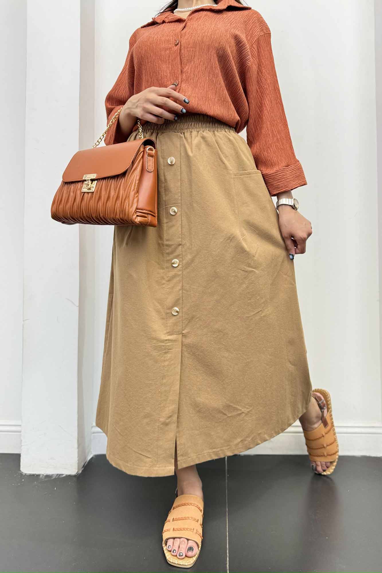 دامن لینن بلند جلو چاکدار دورکش