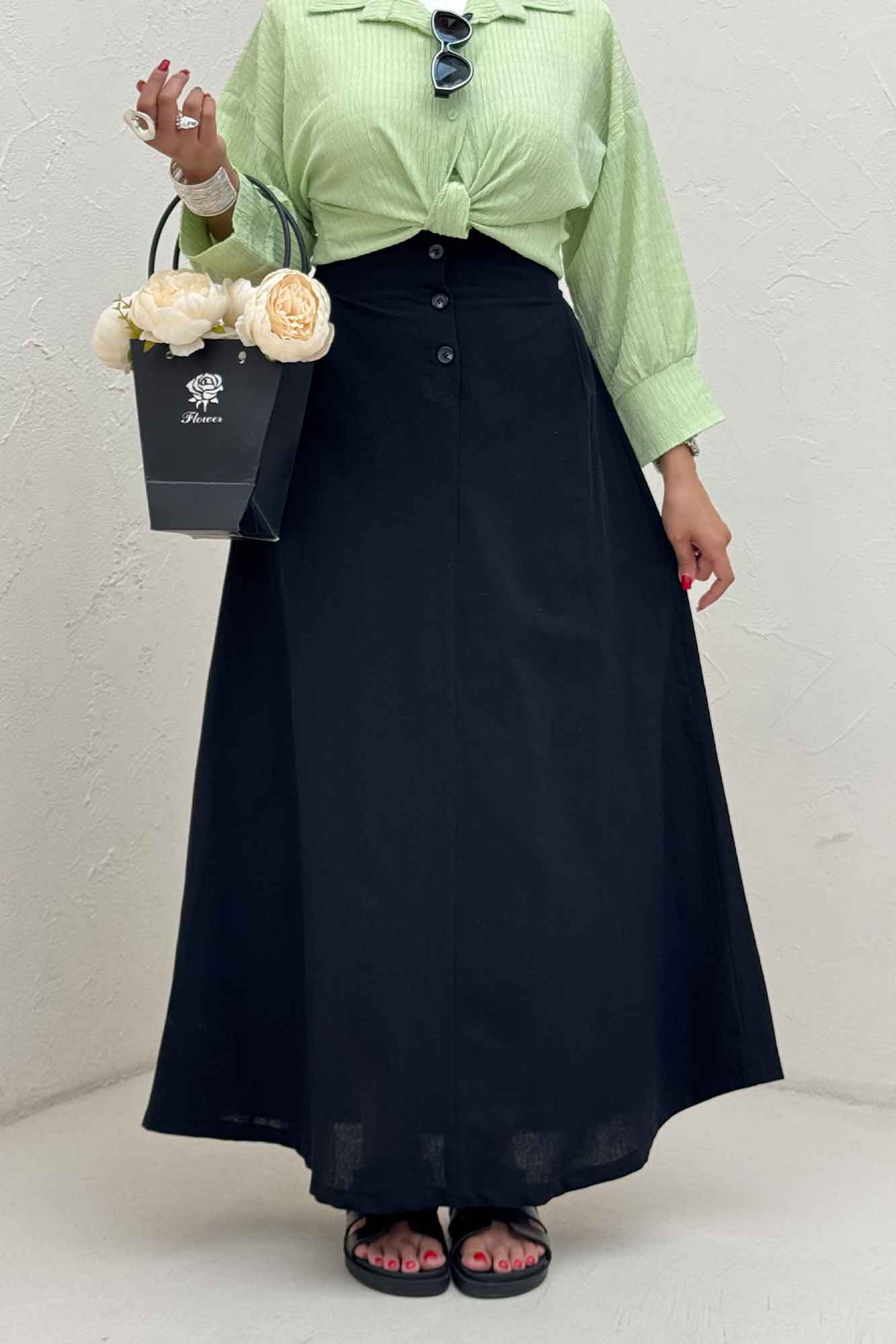 دامن لینن بلند جلو پیله سه دکمه