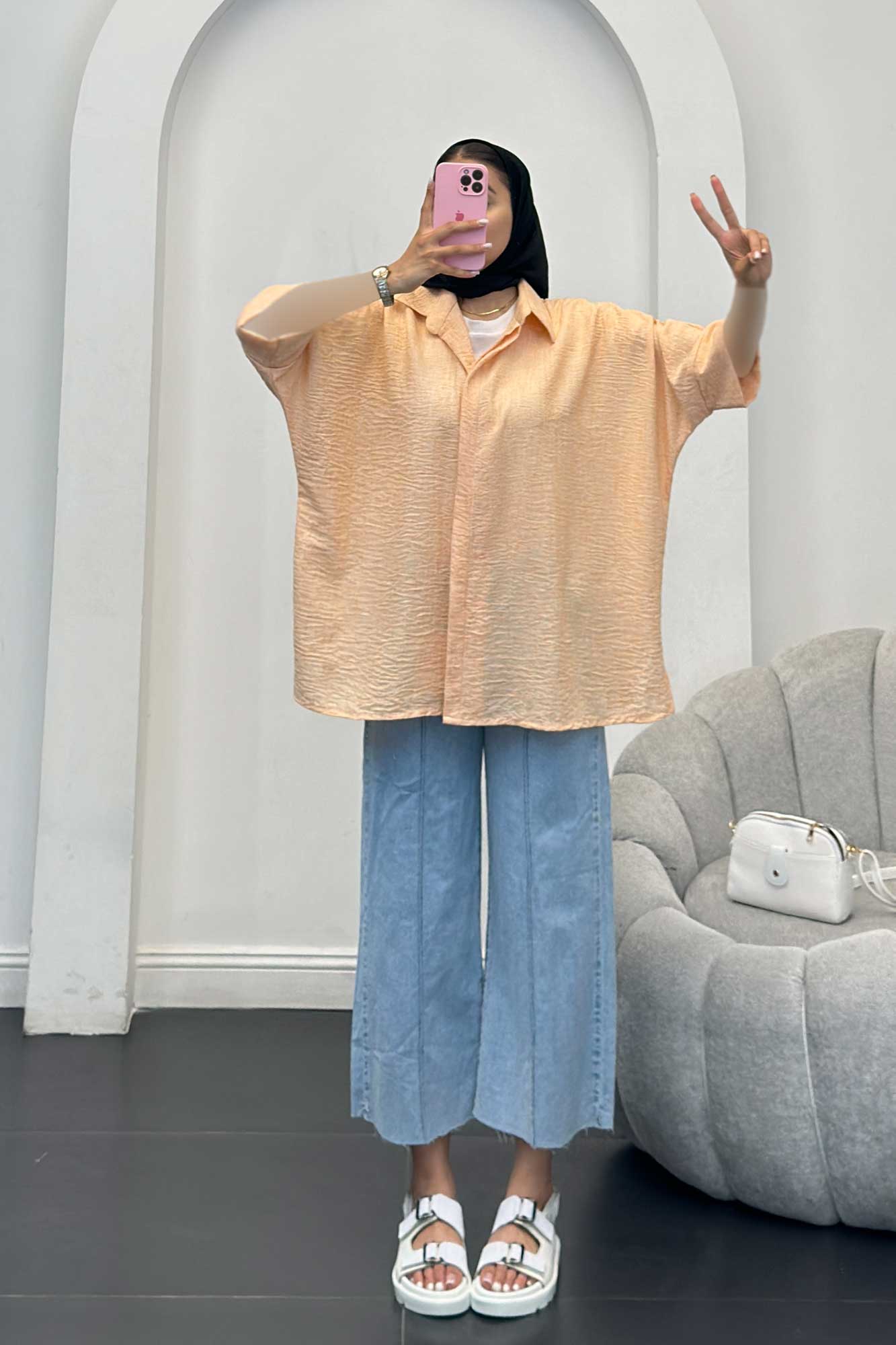 شومیز شانتون برفکی آستین پاکتی مرینوس