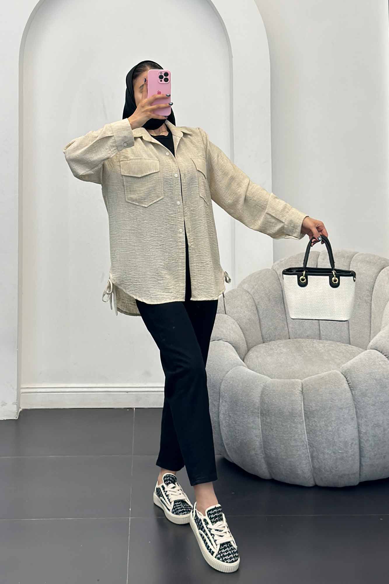 شومیز شانتون برفکی بغل بند دار