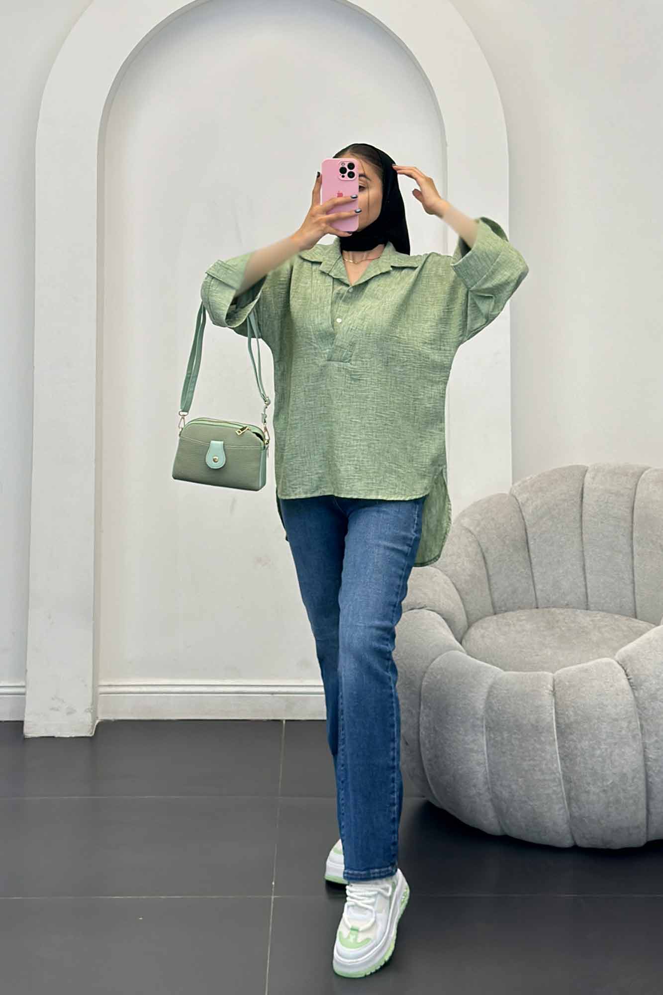 بلوز شانتون برفکی دو یقه پشت بلند