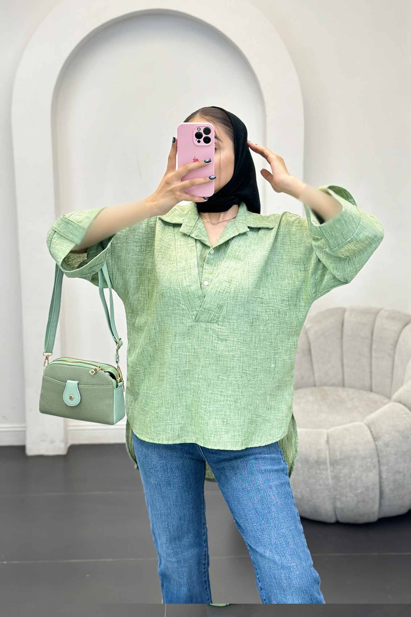 بلوز شانتون برفکی دو یقه پشت بلند