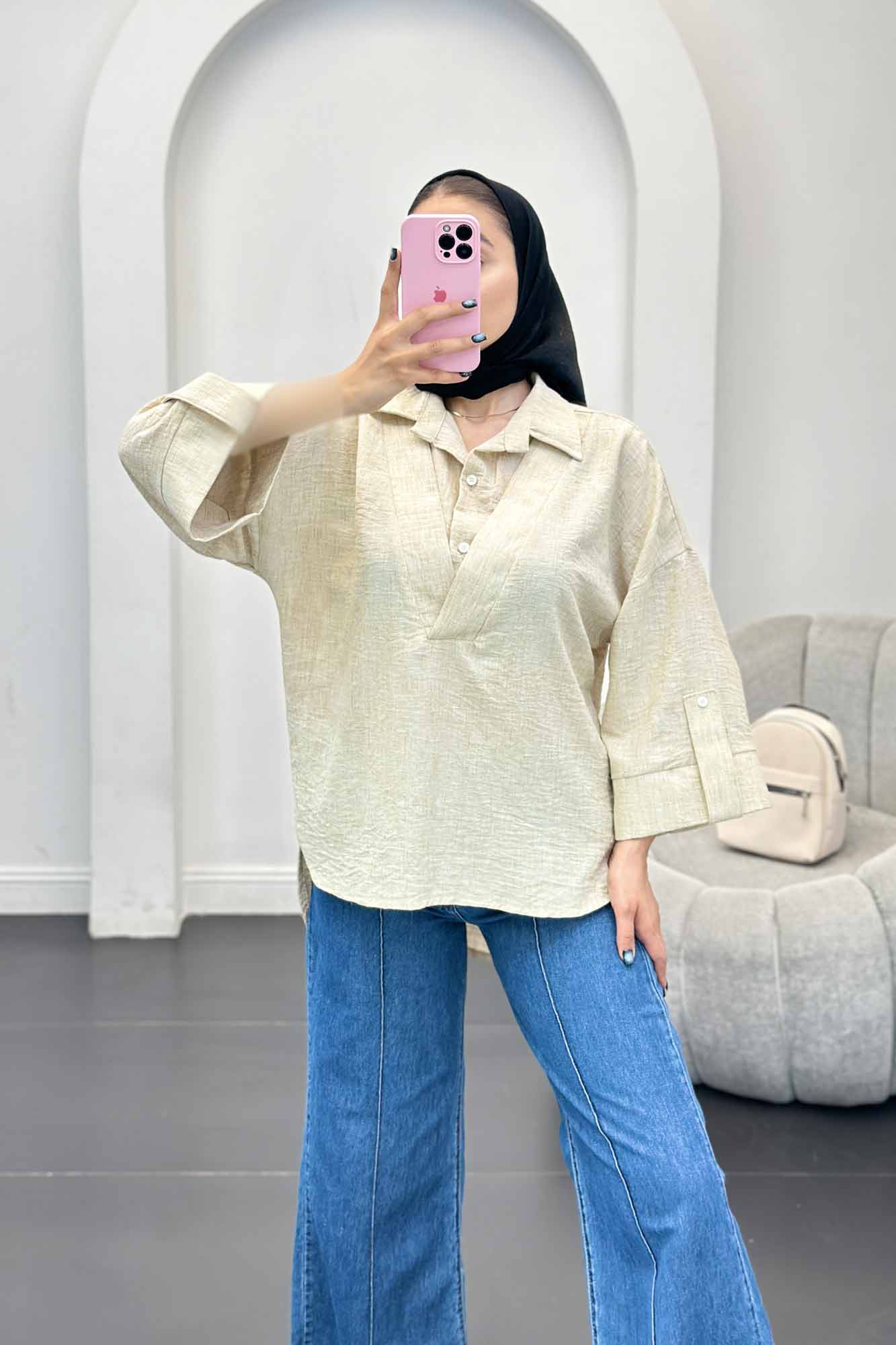 بلوز شانتون برفکی دو یقه پشت بلند