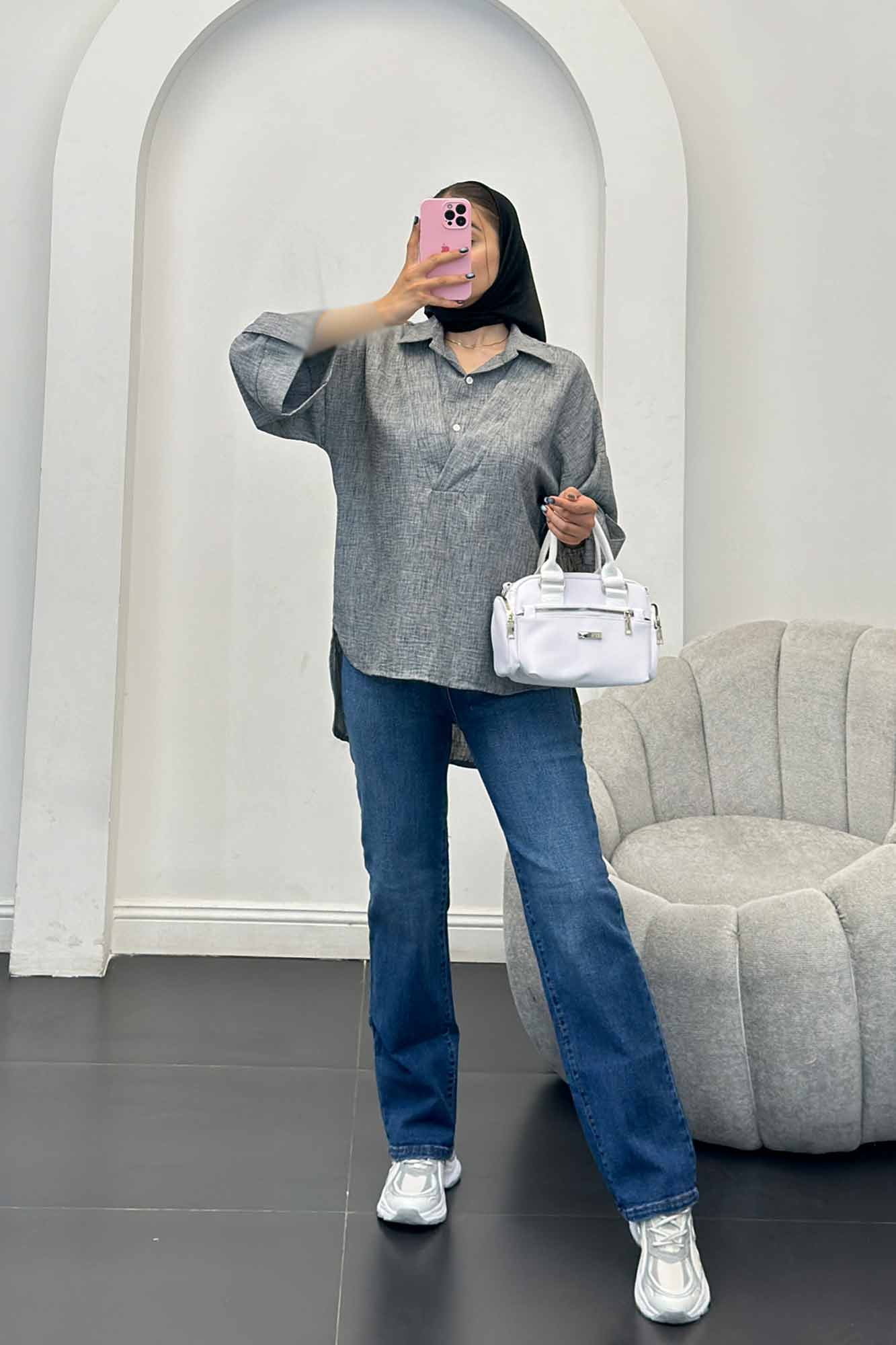 بلوز شانتون برفکی دو یقه پشت بلند