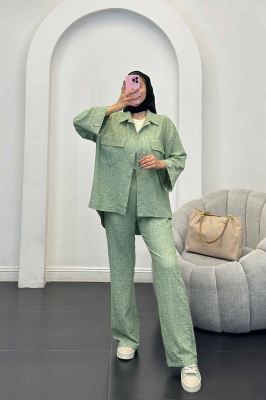 ست مانتو و شلوار شانتون برفکی دو جیب پاکتی آزالیا