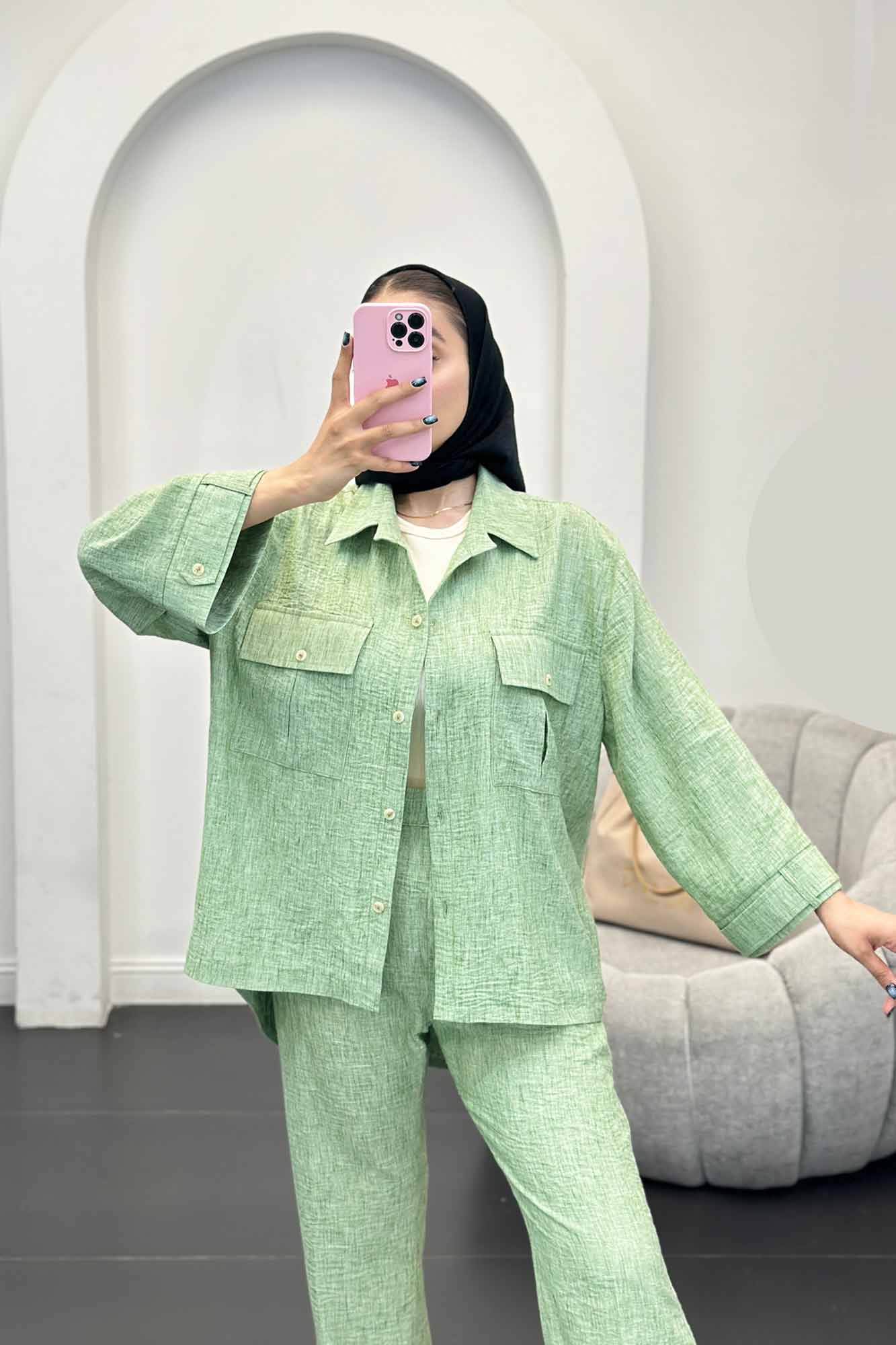 ست مانتو و شلوار شانتون برفکی دو جیب پاکتی آزالیا