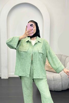 ست مانتو و شلوار شانتون برفکی دو جیب پاکتی آزالیا