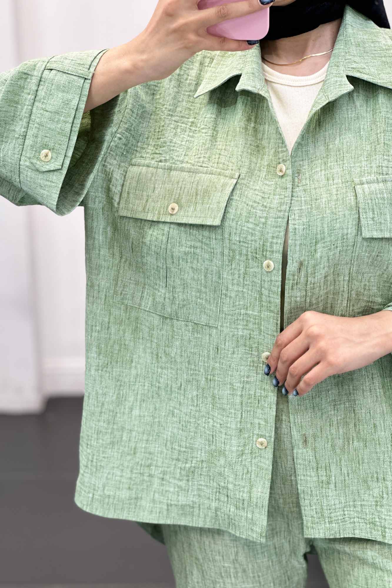 ست مانتو و شلوار شانتون برفکی دو جیب پاکتی آزالیا