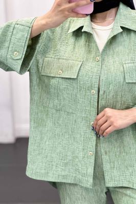 ست مانتو و شلوار شانتون برفکی دو جیب پاکتی آزالیا