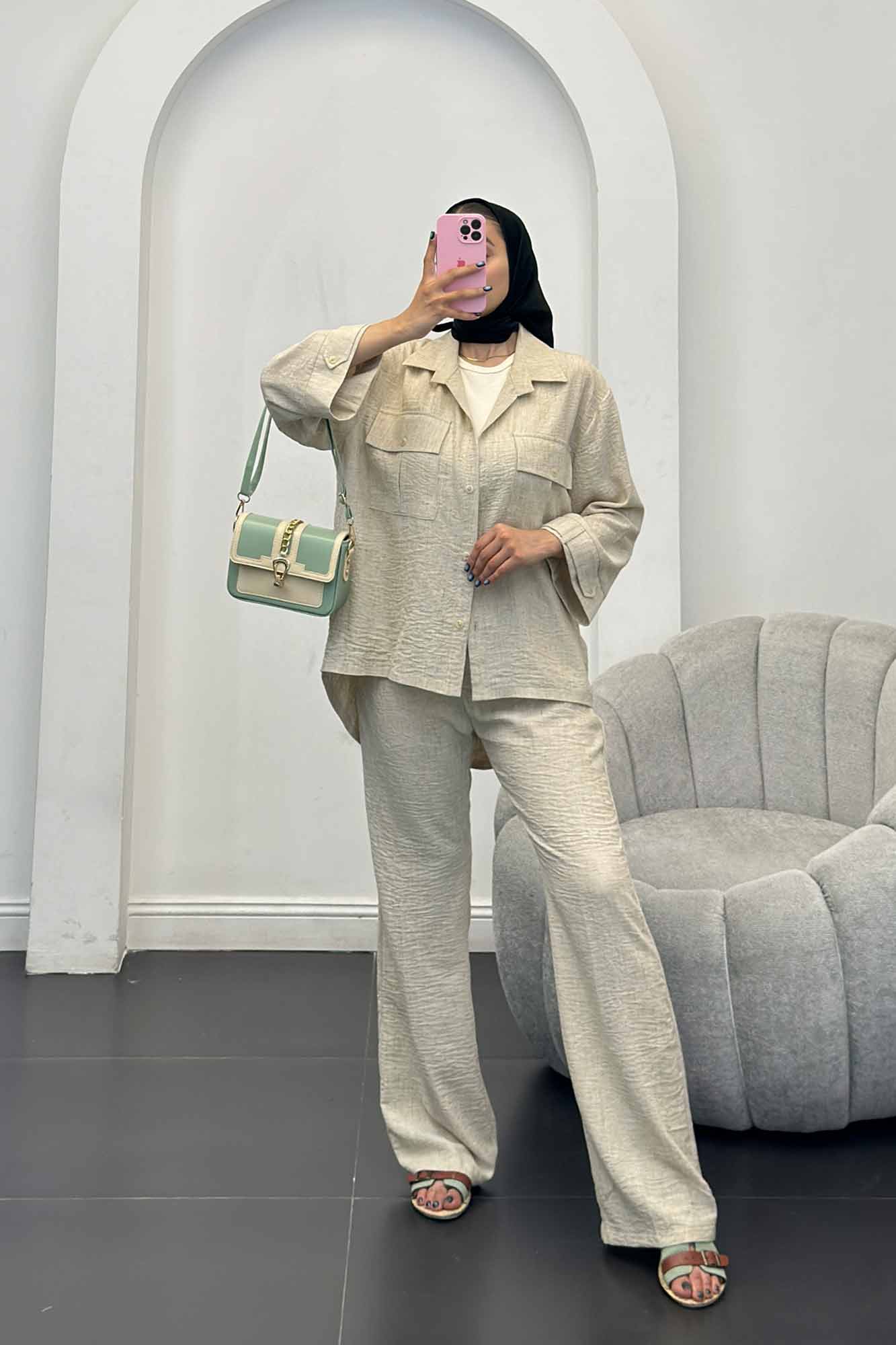 ست مانتو و شلوار شانتون برفکی دو جیب پاکتی آزالیا