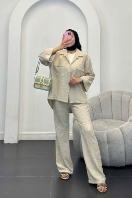 ست مانتو و شلوار شانتون برفکی دو جیب پاکتی آزالیا