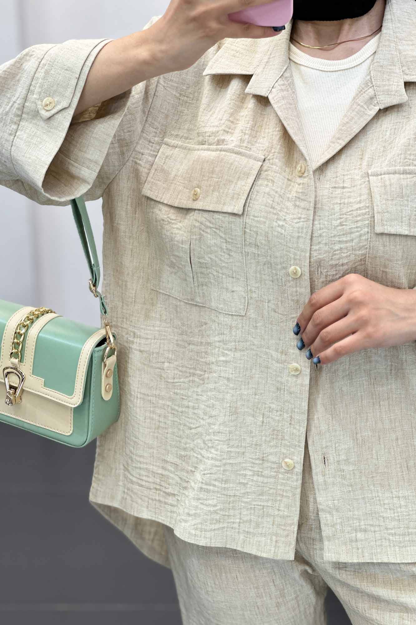 ست مانتو و شلوار شانتون برفکی دو جیب پاکتی آزالیا