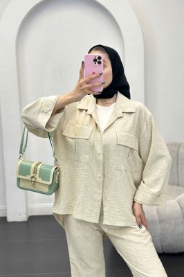 ست مانتو و شلوار شانتون برفکی دو جیب پاکتی آزالیا