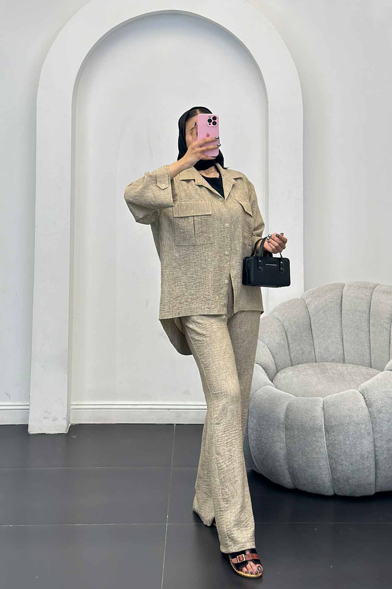 ست مانتو و شلوار شانتون برفکی دو جیب پاکتی آزالیا