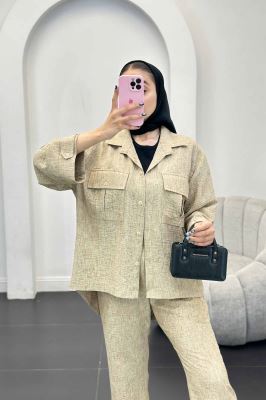 ست مانتو و شلوار شانتون برفکی دو جیب پاکتی آزالیا