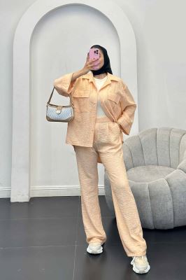 ست مانتو و شلوار شانتون برفکی دو جیب پاکتی آزالیا