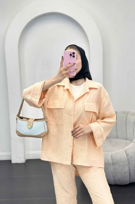 ست مانتو و شلوار شانتون برفکی دو جیب پاکتی آزالیا