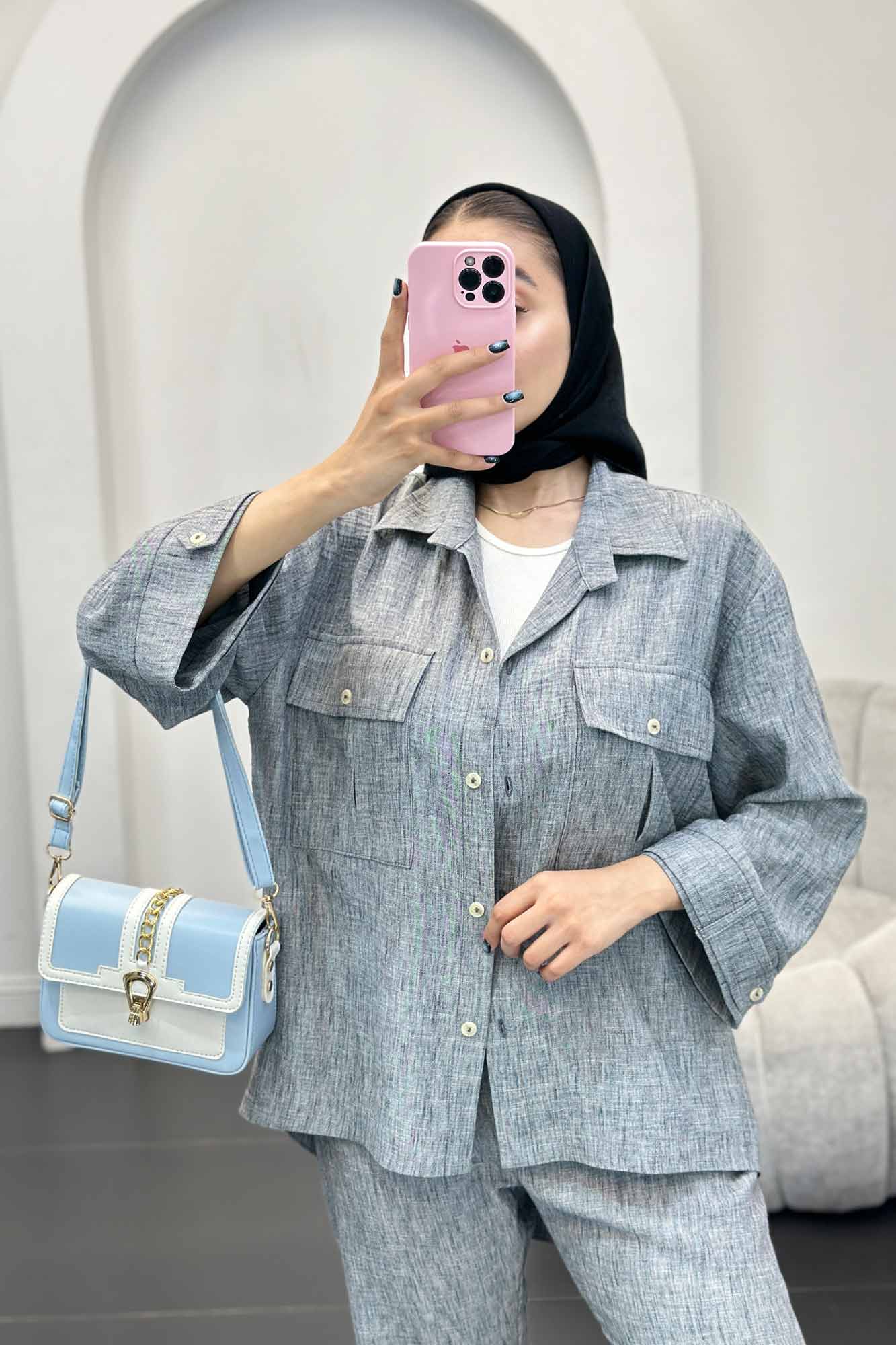 ست مانتو و شلوار شانتون برفکی دو جیب پاکتی آزالیا