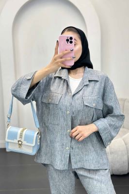 ست مانتو و شلوار شانتون برفکی دو جیب پاکتی آزالیا