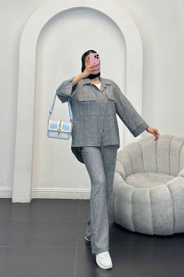 ست مانتو و شلوار شانتون برفکی دو جیب پاکتی آزالیا