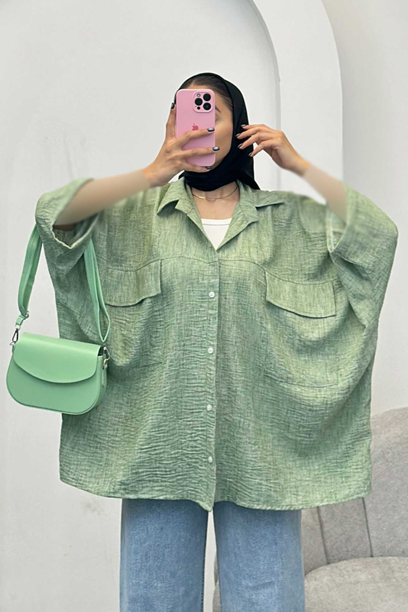 مانتو شانتون برفکی دو جیب پاکتی کیمونو