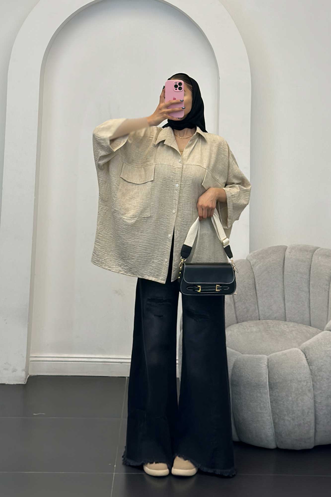 مانتو شانتون برفکی دو جیب پاکتی کیمونو