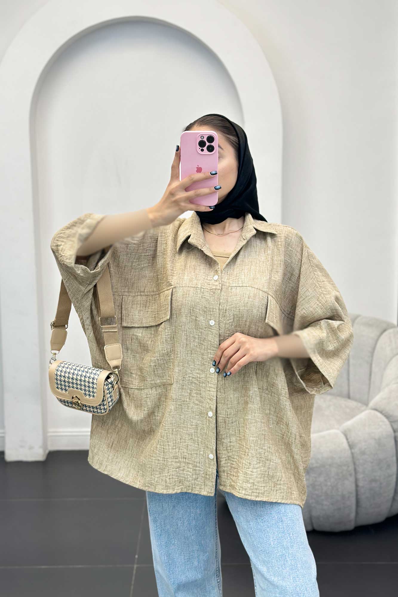 مانتو شانتون برفکی دو جیب پاکتی کیمونو