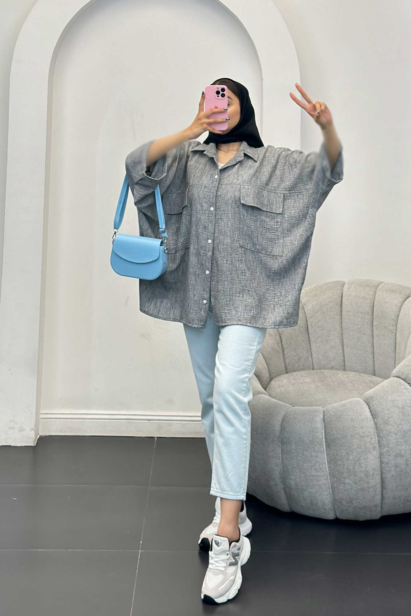 مانتو شانتون برفکی دو جیب پاکتی کیمونو