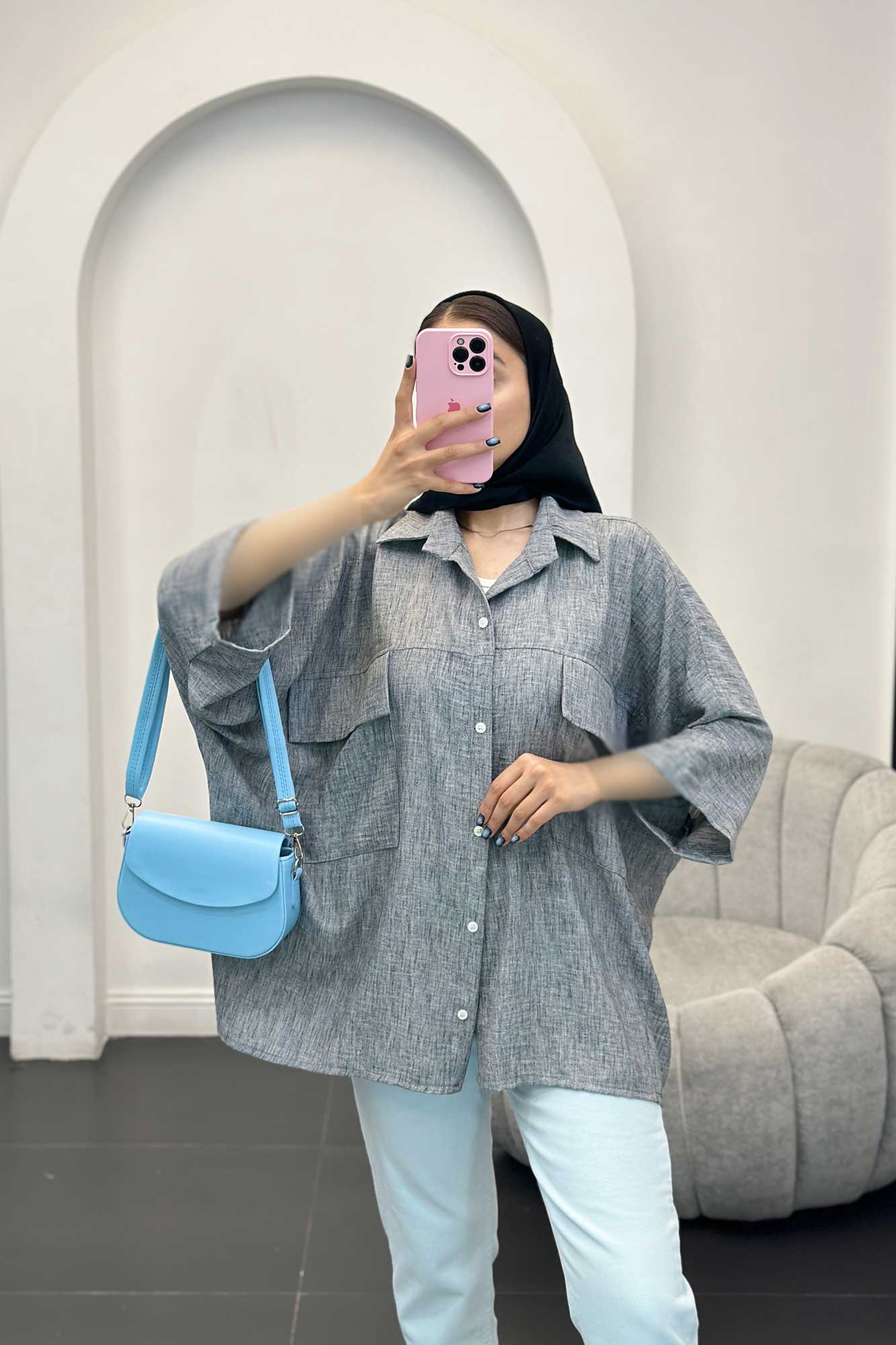 مانتو شانتون برفکی دو جیب پاکتی کیمونو