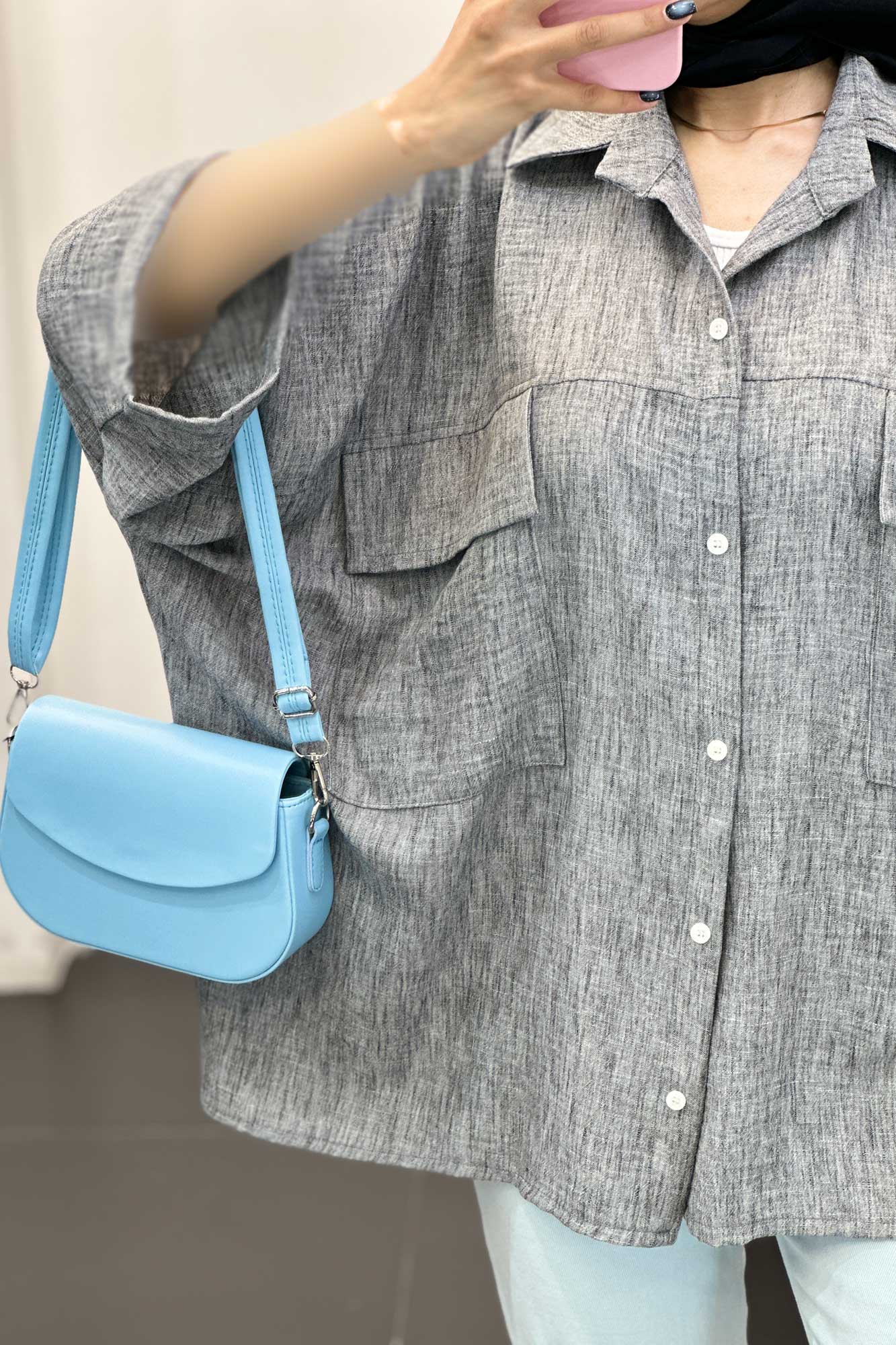 مانتو شانتون برفکی دو جیب پاکتی کیمونو