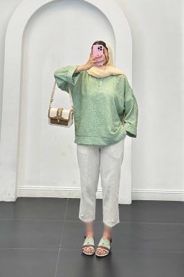 بلوز شانتون برفکی پایین چاکدار آستین پاکتی