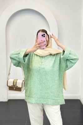 بلوز شانتون برفکی پایین چاکدار آستین پاکتی