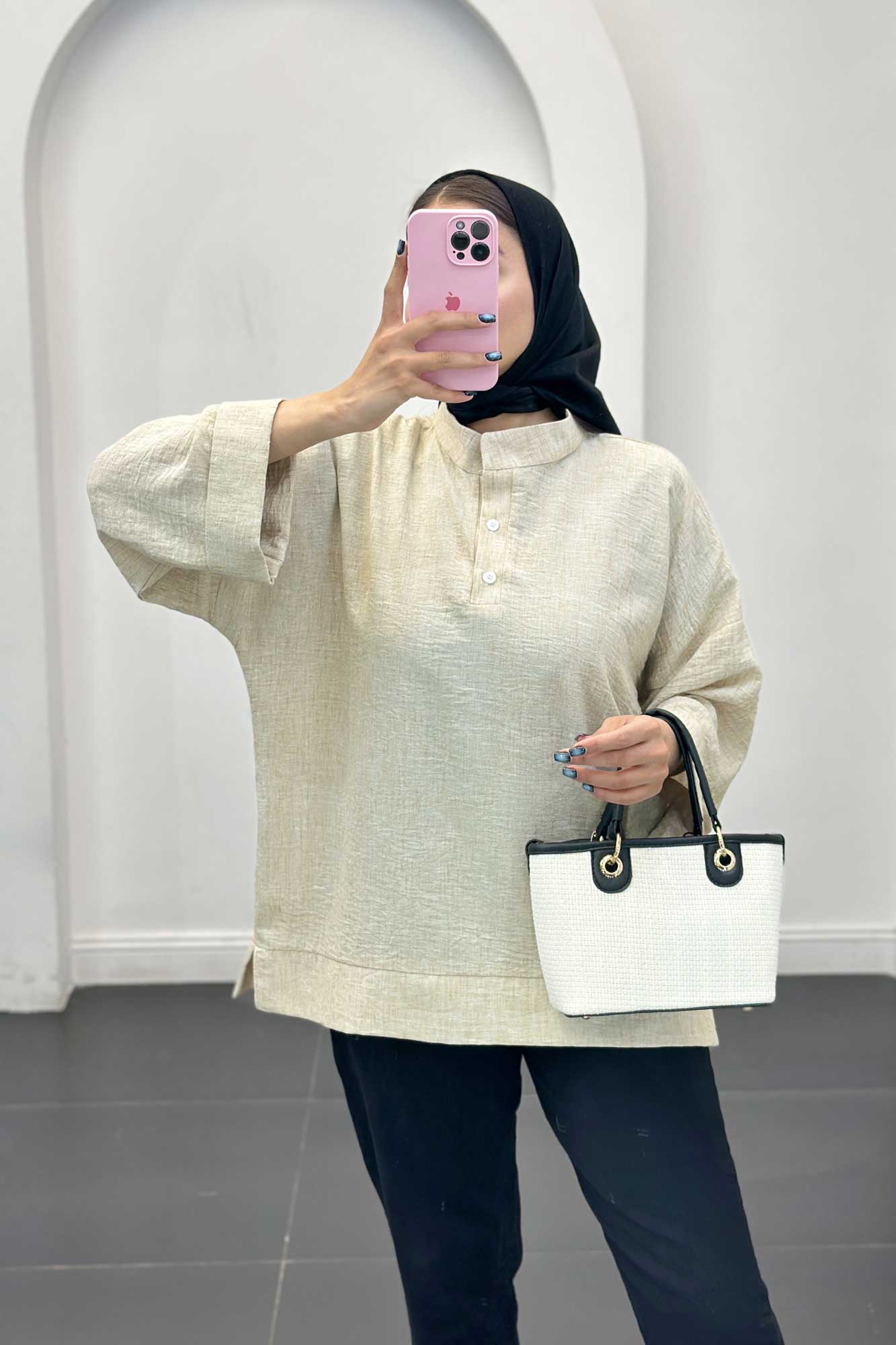 بلوز شانتون برفکی پایین چاکدار آستین پاکتی