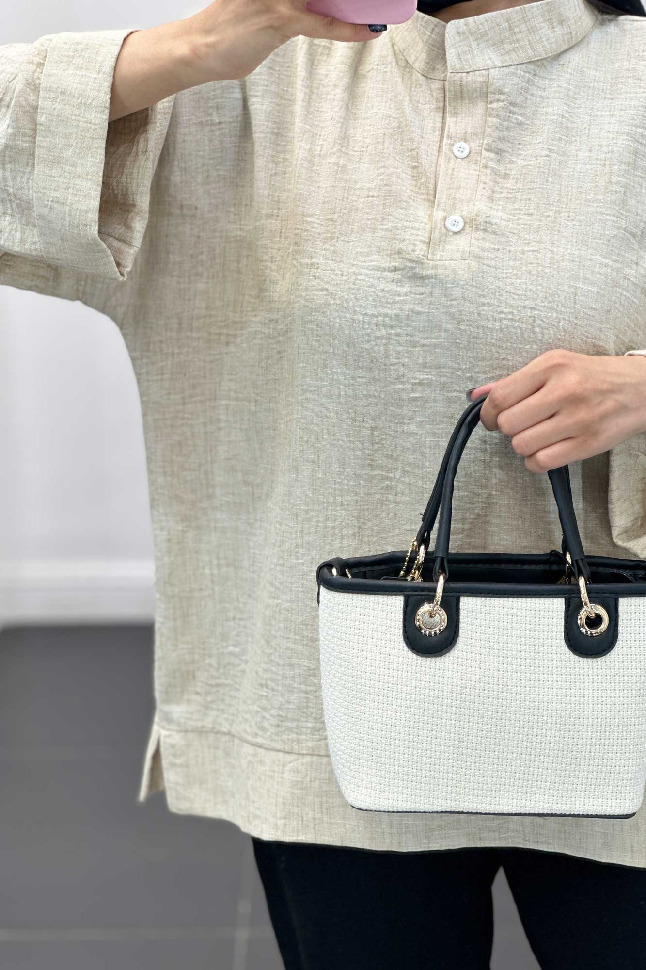 بلوز شانتون برفکی پایین چاکدار آستین پاکتی