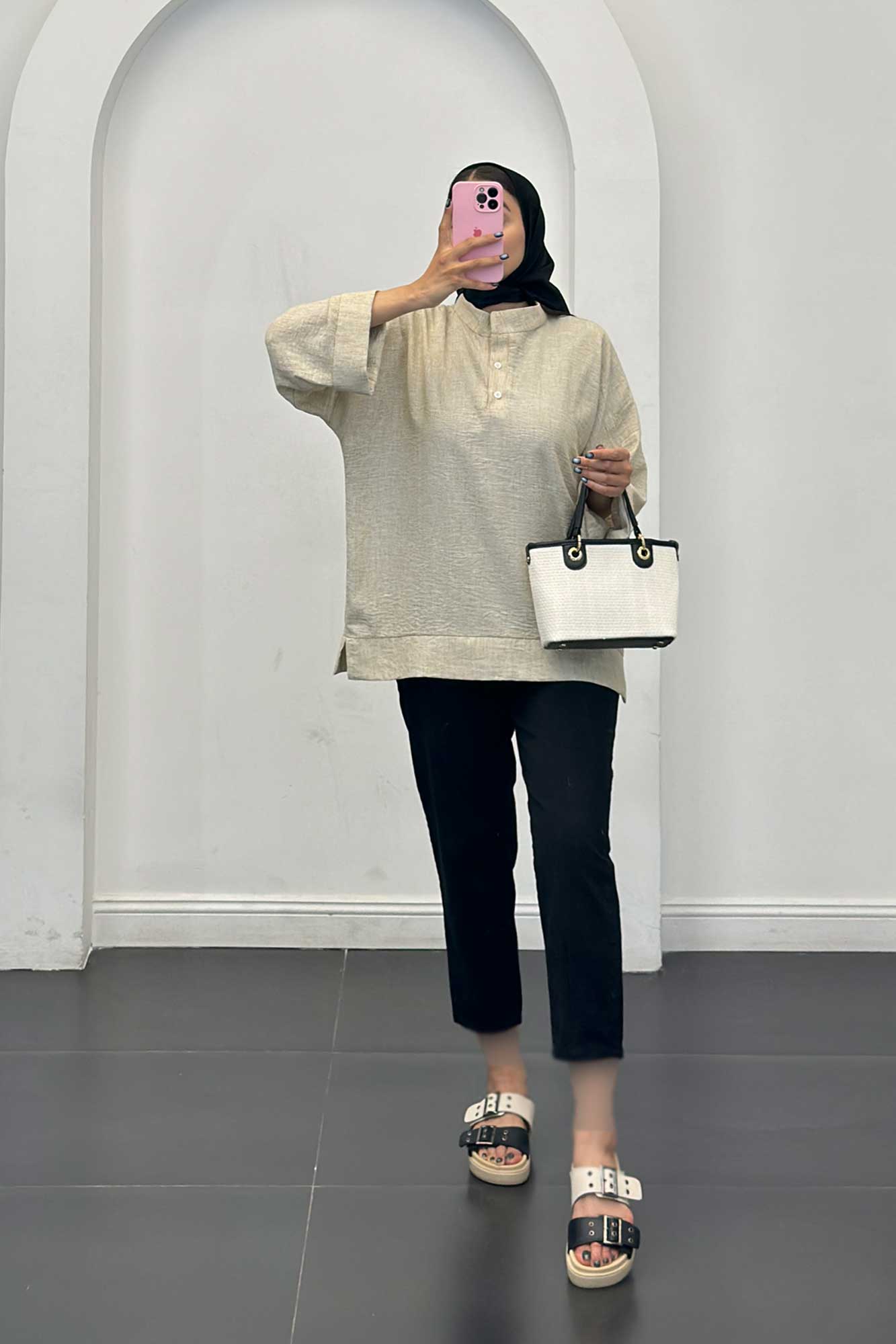 بلوز شانتون برفکی پایین چاکدار آستین پاکتی