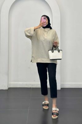 بلوز شانتون برفکی پایین چاکدار آستین پاکتی