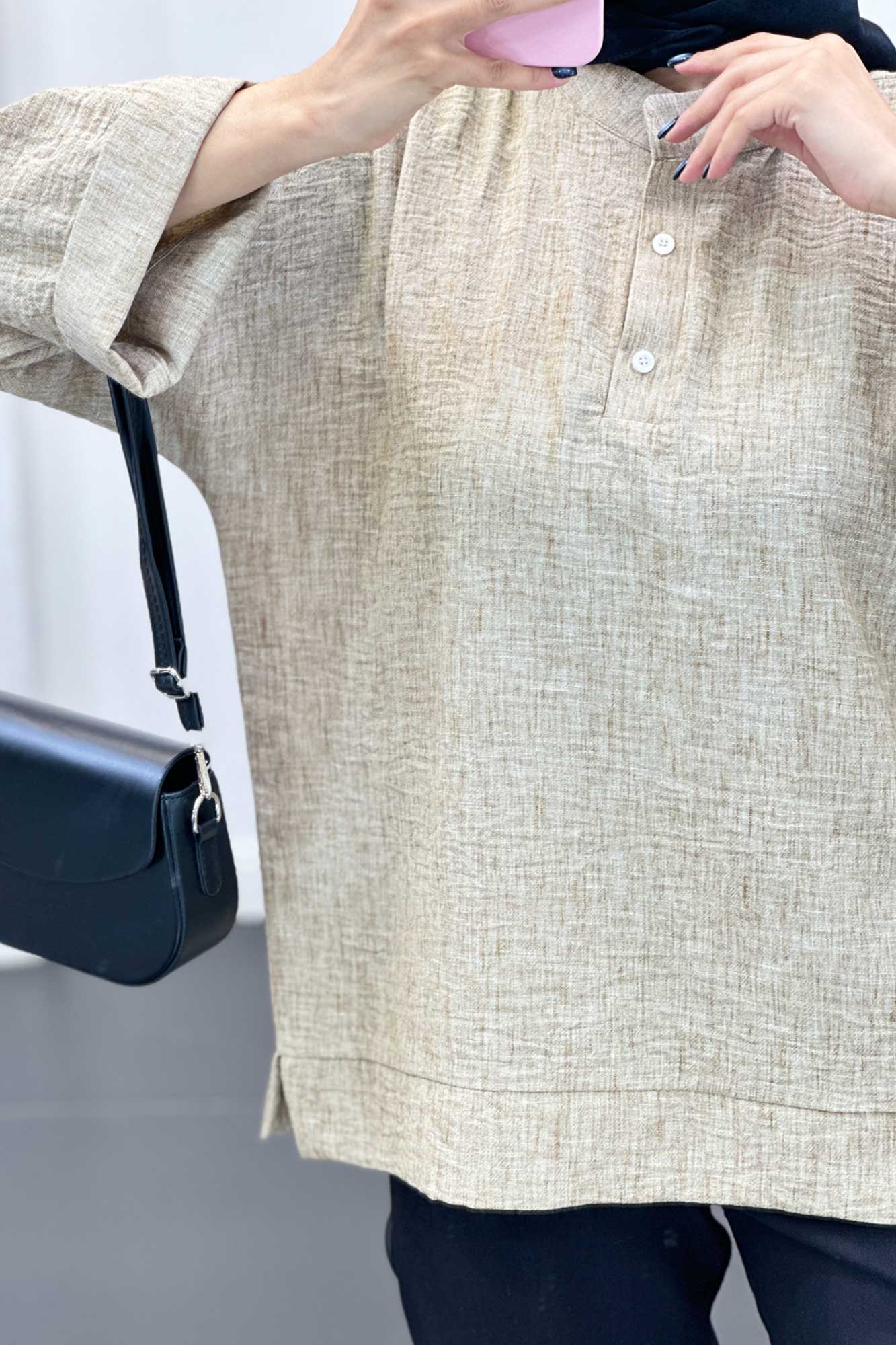 بلوز شانتون برفکی پایین چاکدار آستین پاکتی