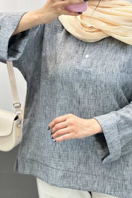 بلوز شانتون برفکی پایین چاکدار آستین پاکتی