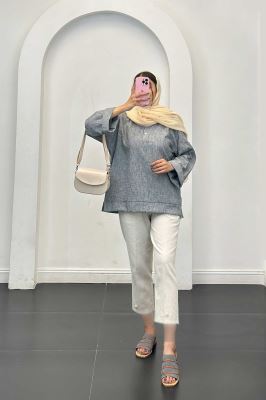 بلوز شانتون برفکی پایین چاکدار آستین پاکتی