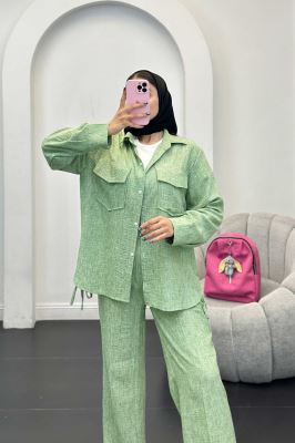 ست مانتو و شلوار شانتون برفکی بغل بنددار