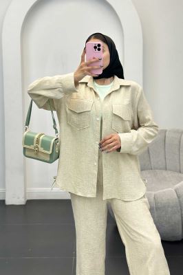 ست مانتو و شلوار شانتون برفکی بغل بنددار